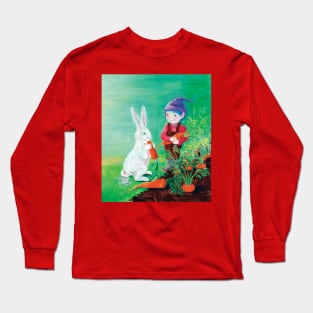 Rabbit Eating Carrot and a Gnome with Purple Hat Illustration Long Sleeve T-Shirt